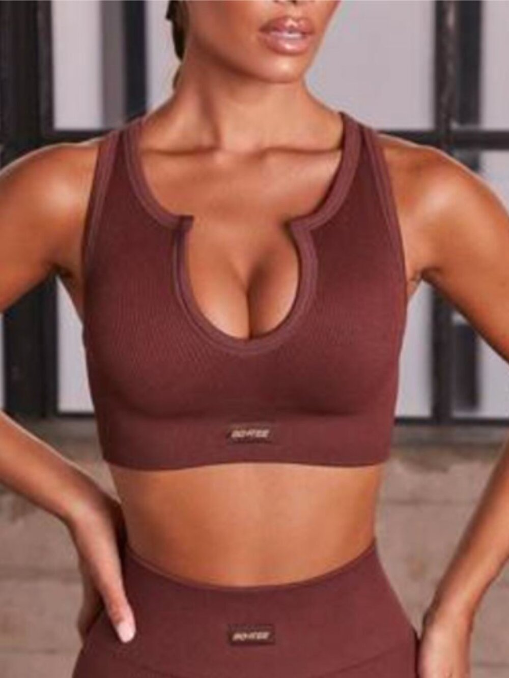 Bo+Tee Women's Ribbed Sports Bra Top in Dark Brown in Dark Brown